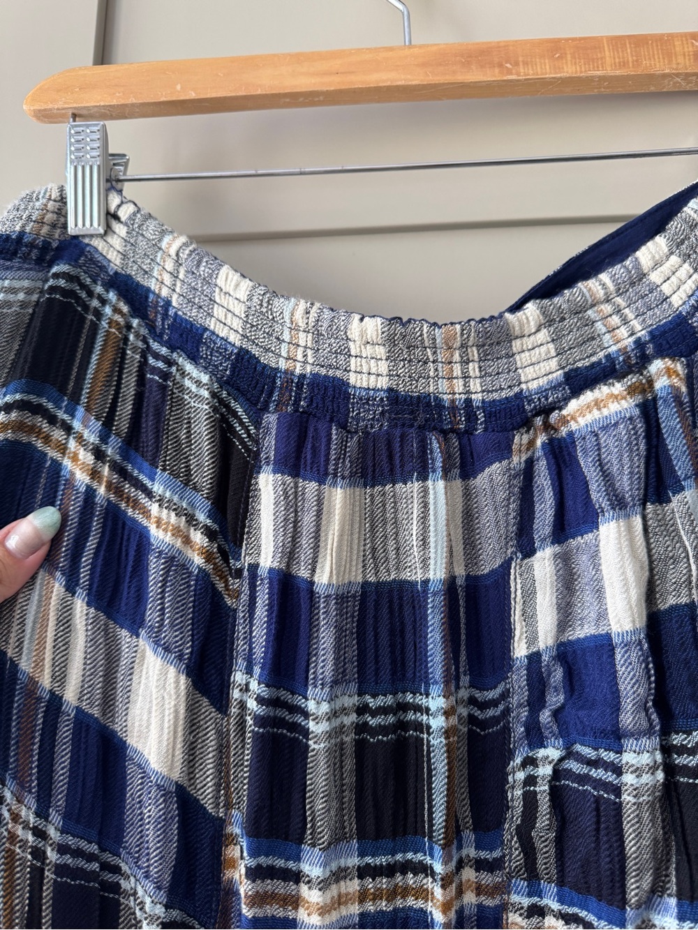 Free People Bordeaux Plaid Maxi Skirt Billowy Column Fit Navy Blue Combo Frayed - Picture 6 of 8